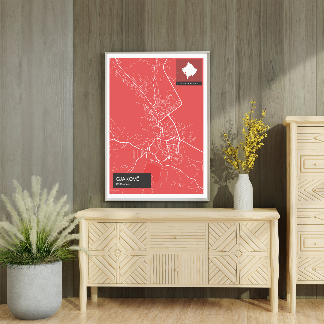 Gjakovë - Röd Map Poster