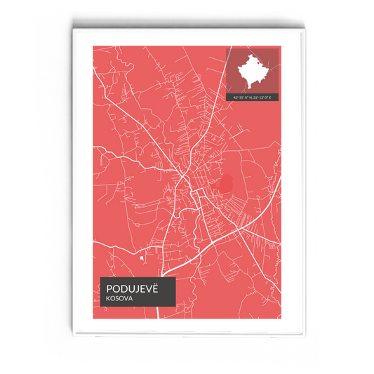 Podujevë - Röd Map Poster
