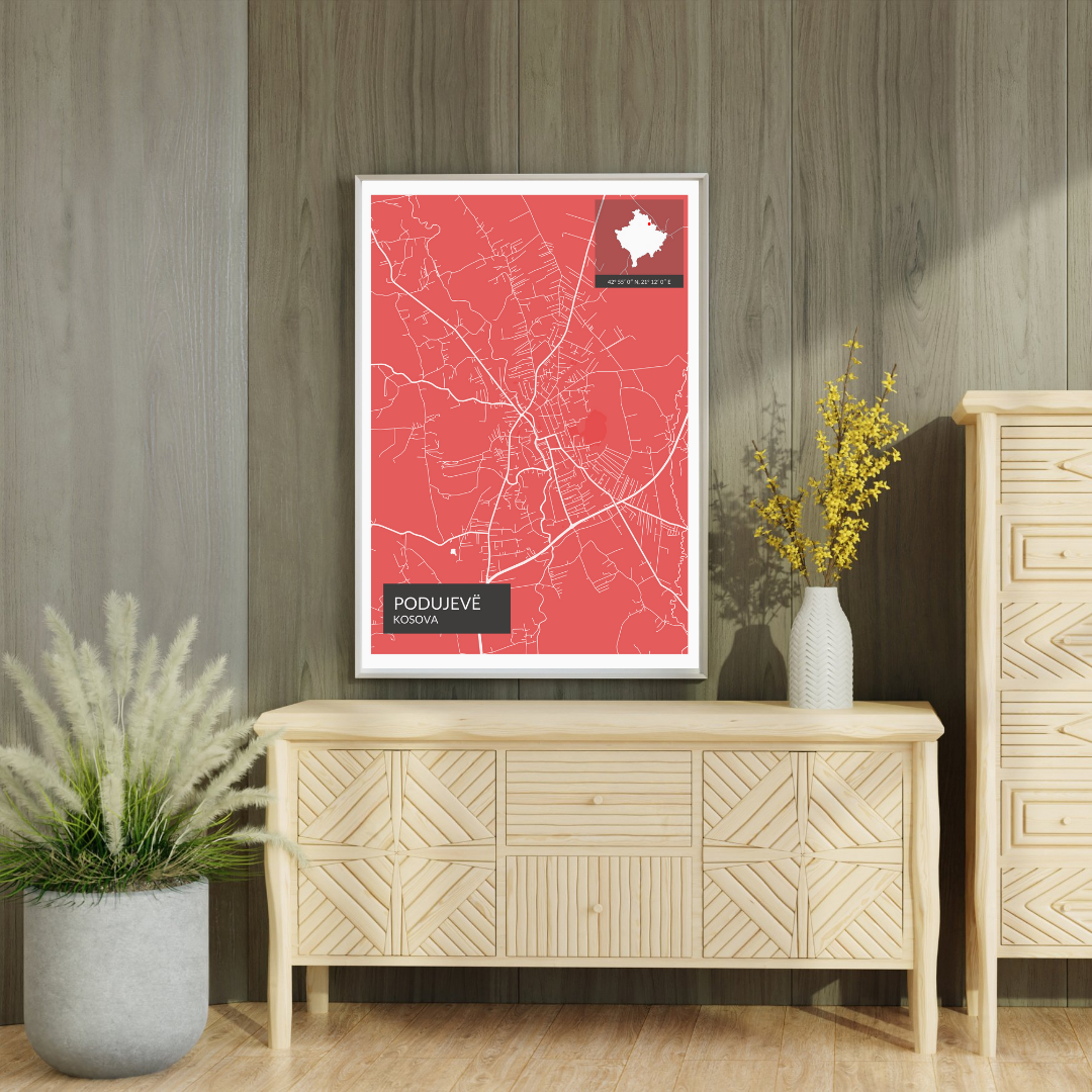 Podujevë - Röd Map Poster